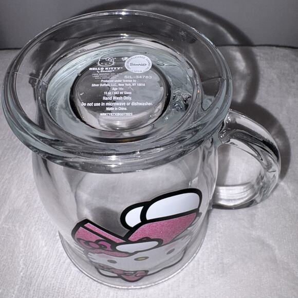 Hello Kitty Pink Glitter Heart On Clear Glass Coffee Tea Mug Cup 15oz New - Picture 5 of 6